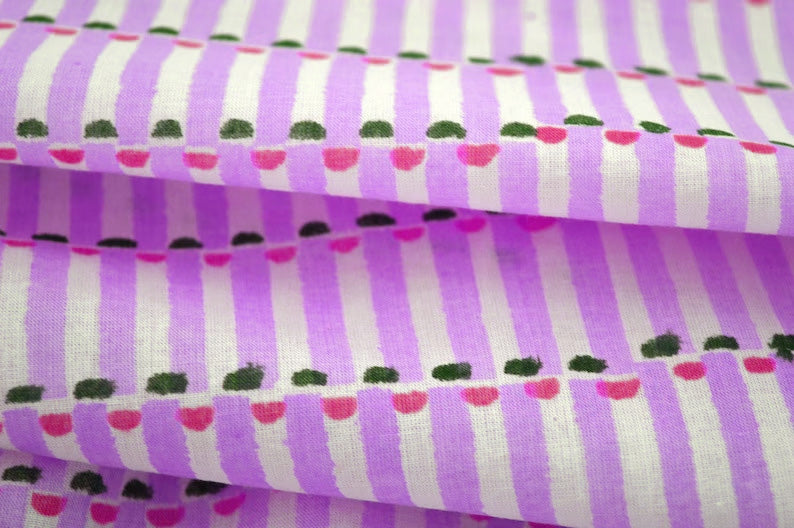 Mughal Floral Print Linen Fabric: Lilac, Pink & White Block Print