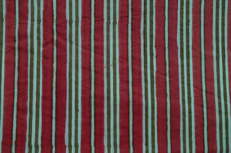 Mughal Floral Linen Fabric: Red & Green Block Print