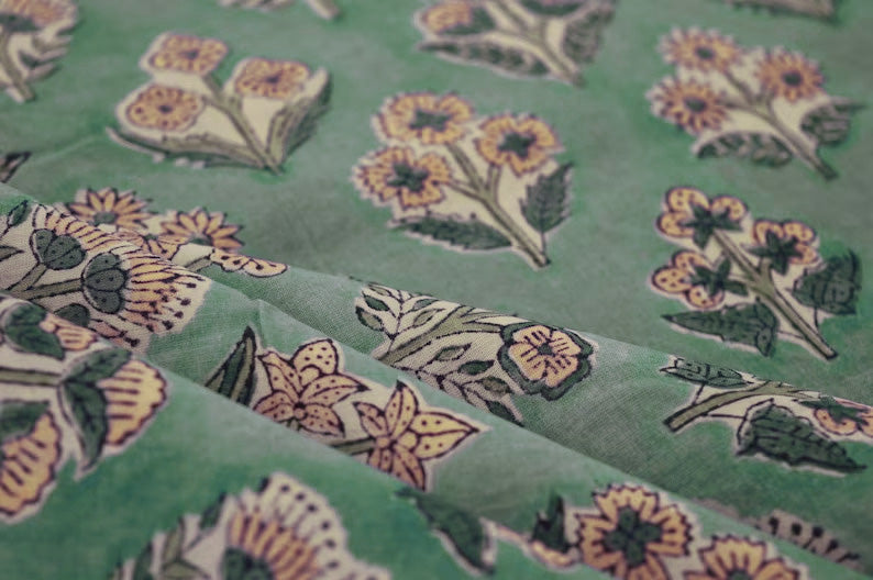 Mughal Floral Block Print Fabric: Green & Yellow Linen or Cotton