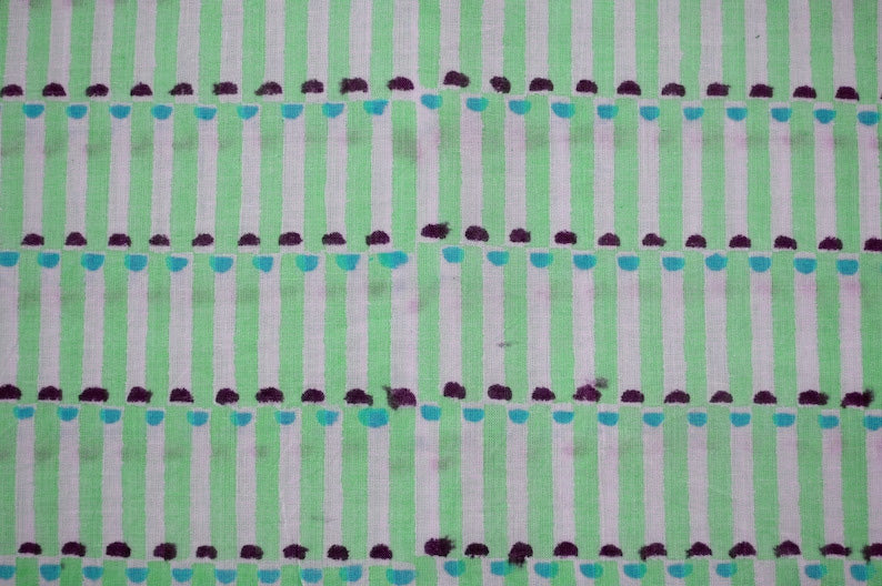 Green & White Floral Block Print Linen Fabric: Indian Mughal Style