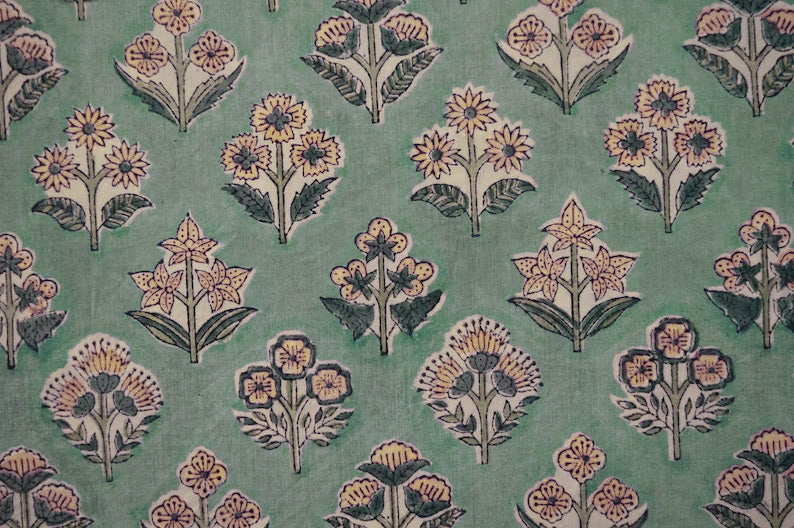 Mughal Floral Block Print Fabric: Green & Yellow Linen or Cotton