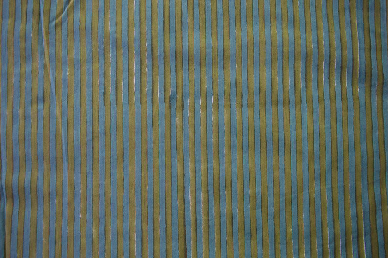 Blue & Olive Block Print Linen Fabric - Mughal Floral Design