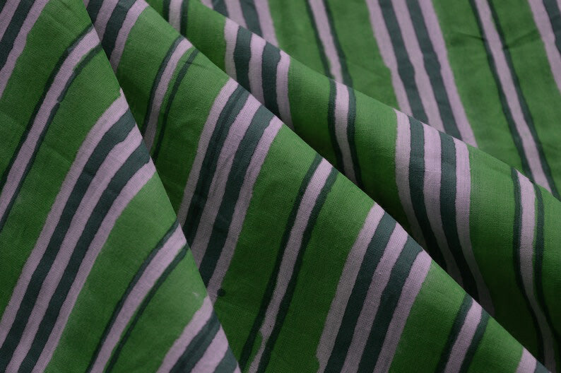 Blue & Green Floral Block Print Linen Fabric: Indian Mughal Style