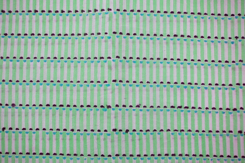 Green & White Floral Block Print Linen Fabric: Indian Mughal Style