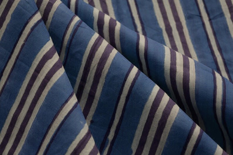 Blue Floral Block Print Linen Fabric - Indian Cotton By The Yard