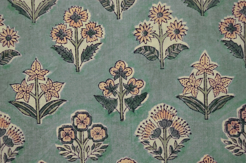 Mughal Floral Block Print Fabric: Green & Yellow Linen or Cotton