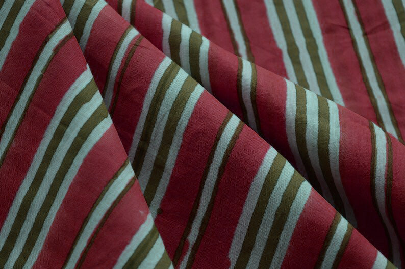 Mughal Floral Linen Fabric: Red & Green Block Print