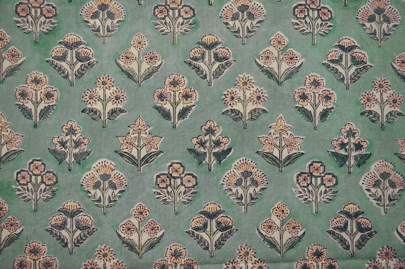 Mughal Floral Block Print Fabric: Green & Yellow Linen or Cotton
