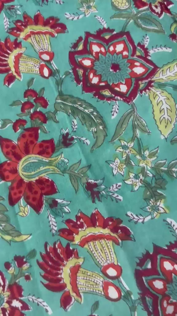 Hand Block Print Cotton Fabric: Blue and red Floral Indian Fabric