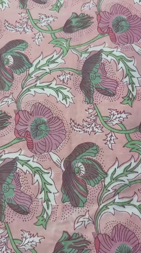 Hand Block Print Cotton Fabric: Cream Orange and Pink Floral Indian Fabric