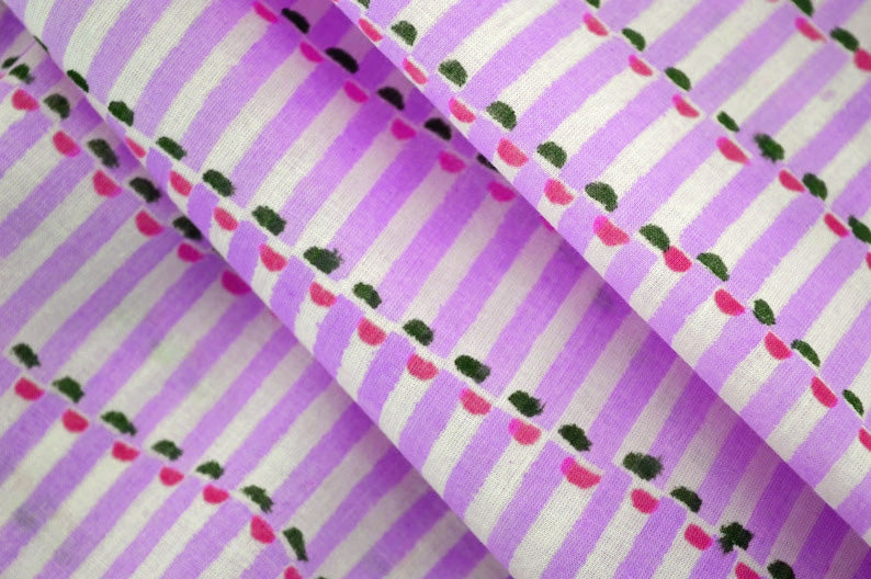 Mughal Floral Print Linen Fabric: Lilac, Pink & White Block Print