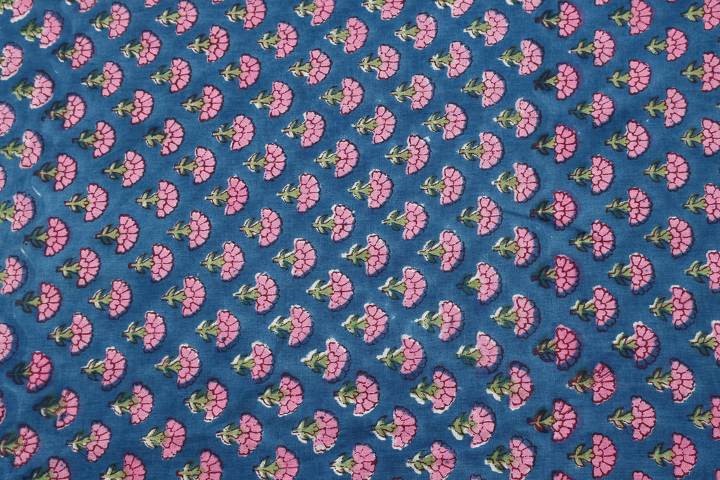 Cotton Floral Hand Block Print Fabric - Pink and Blue Indian Blockprint